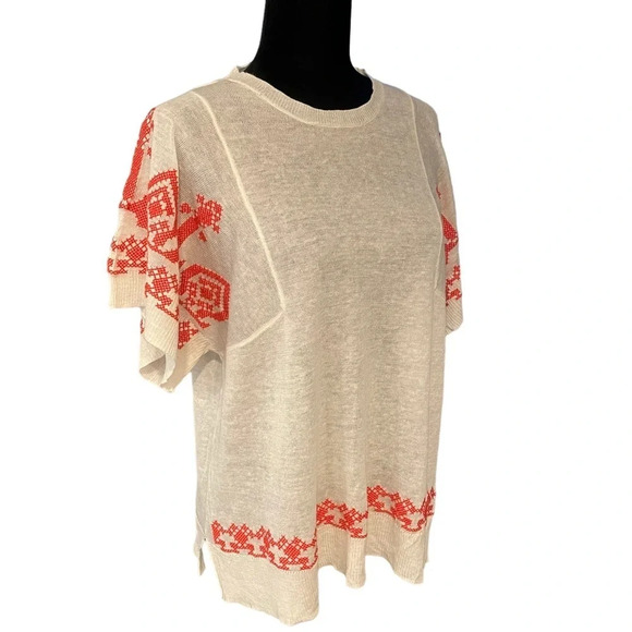 CENTRAL PARK WEST Linen Blend Cross Stitch Top Large - Picture 1 of 9